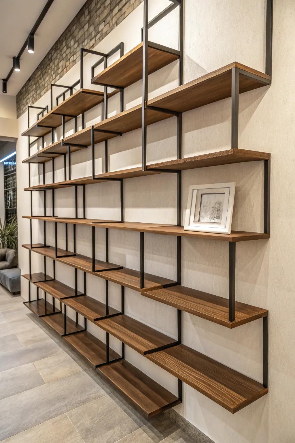 A deep and visually interesting design featuring layered floating shelves.