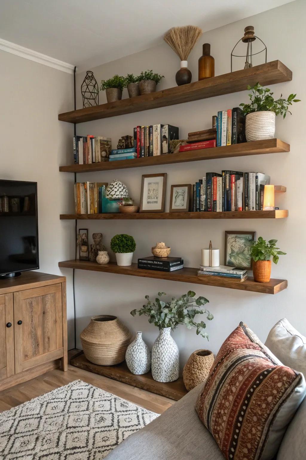 Floating shelves placed at various heights to enrich design