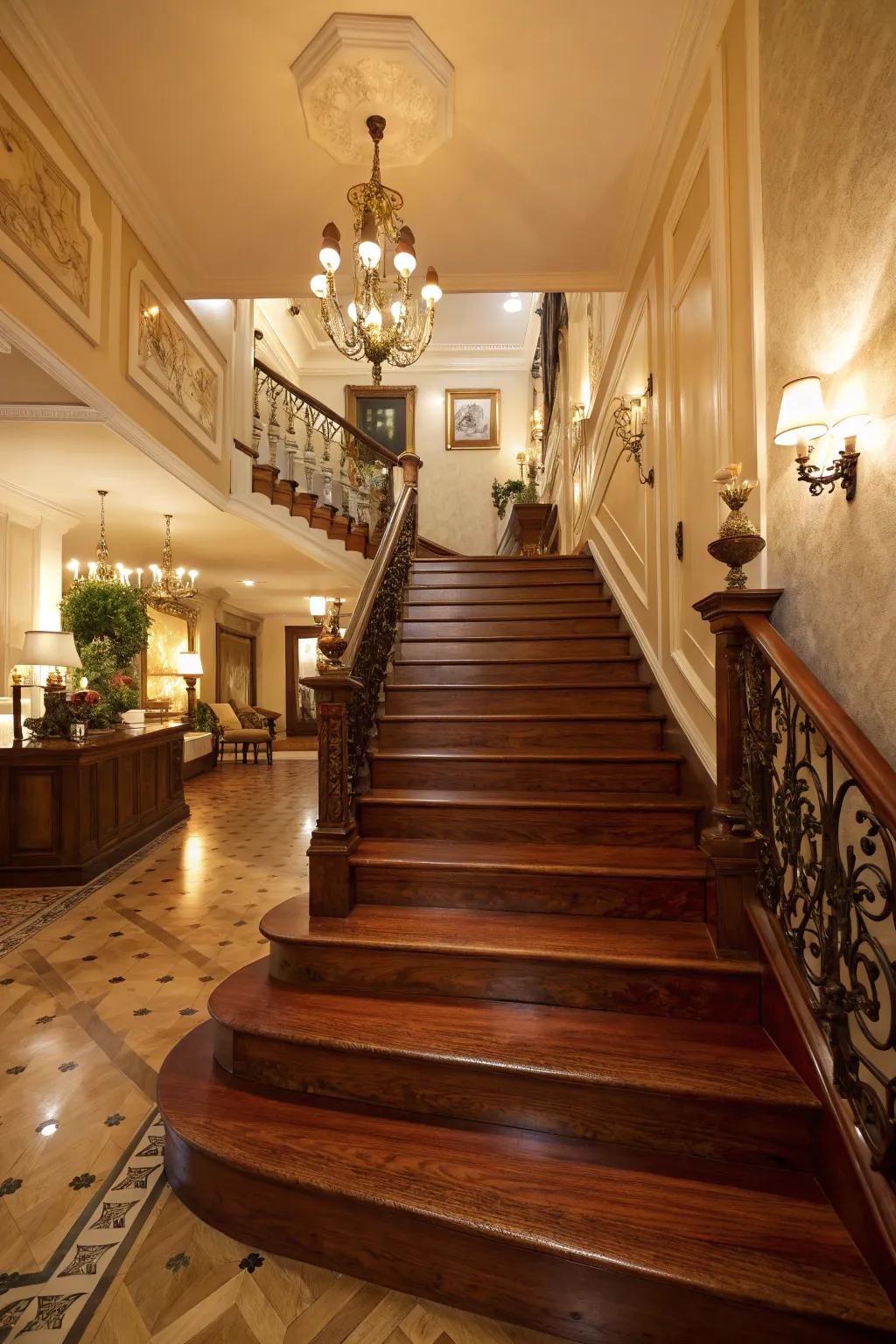 Dyed wood stairs radiate sophistication with their deep, luxurious tones.