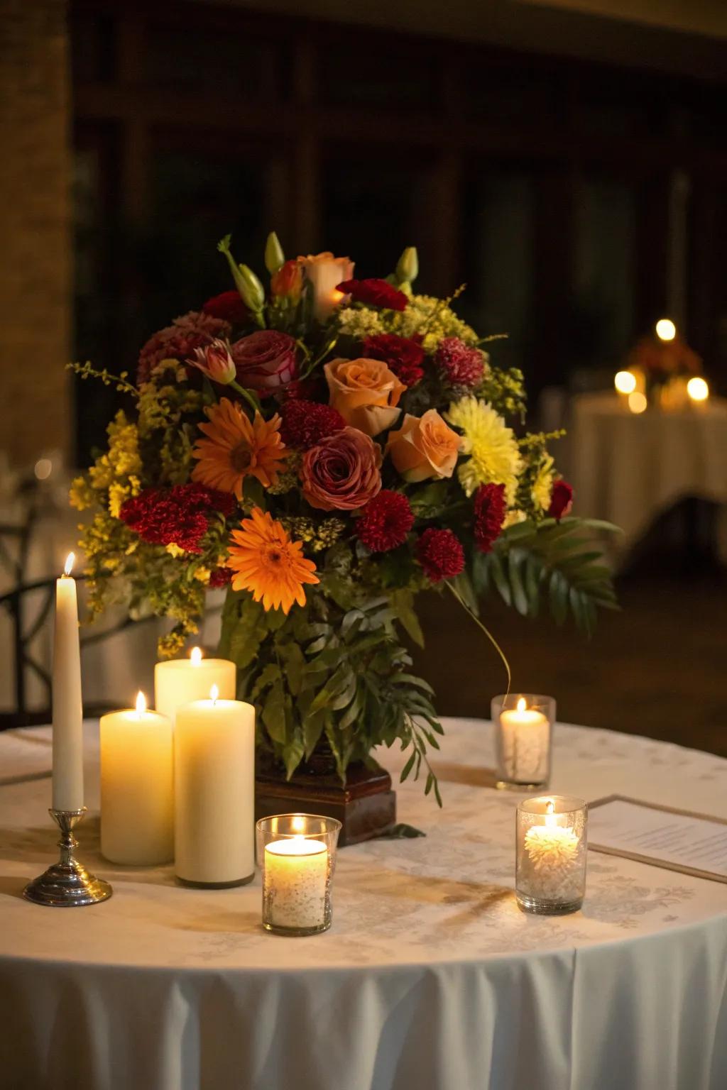 A floral centerpiece accented with candles on a dimly lit table.