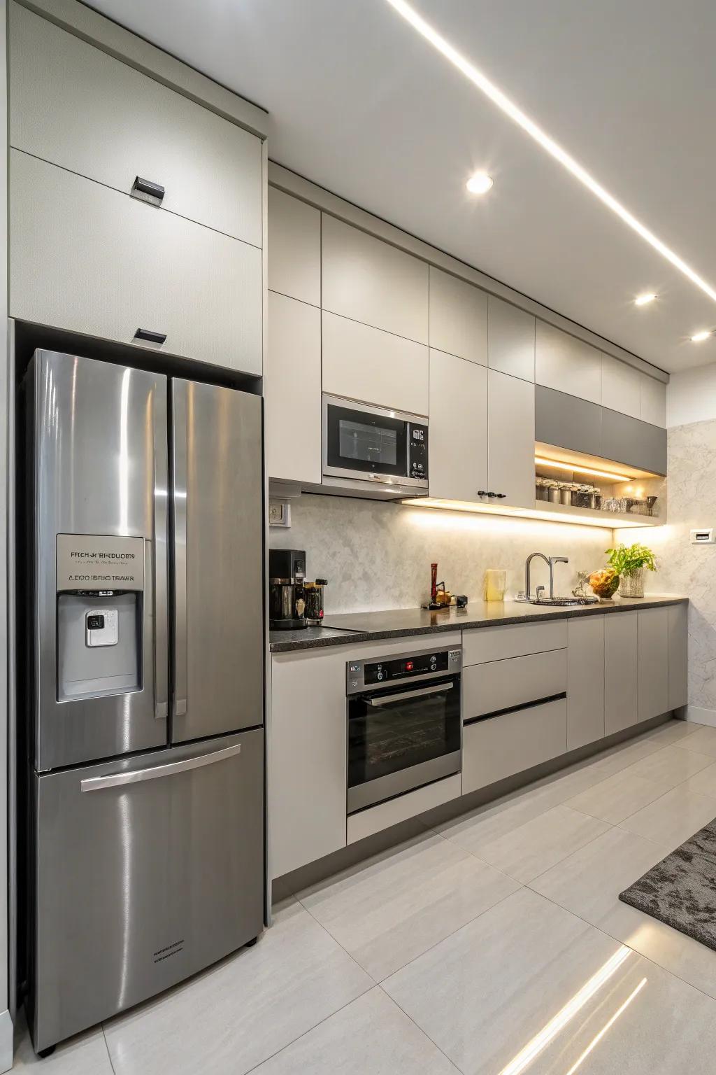 A modern kitchen design with sleek lines and contemporary fixtures.