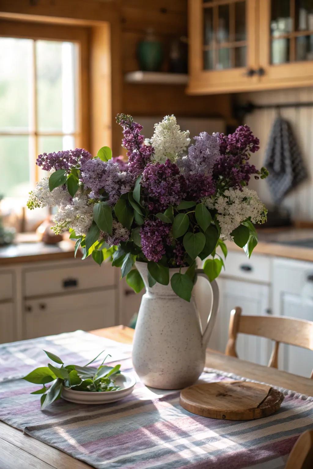 A sweet lilac and eucalyptus centerpiece.