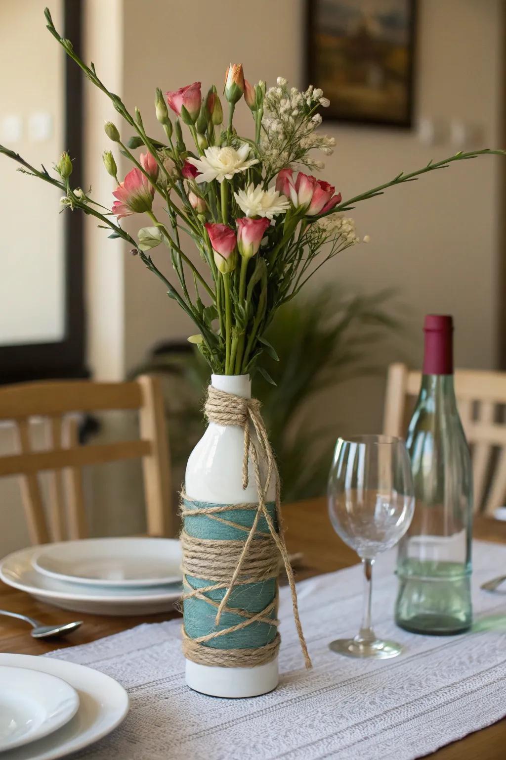 Repurpose grape juice bottles into stunning vases perfect for long-stemmed flowers.