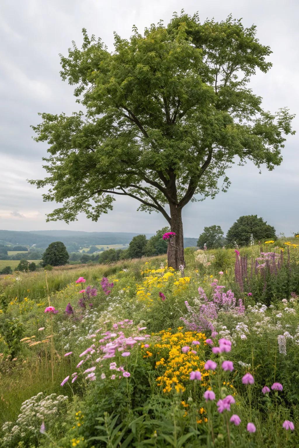 A wildflower garden around a tree, providing a sanctuary for pollinators.