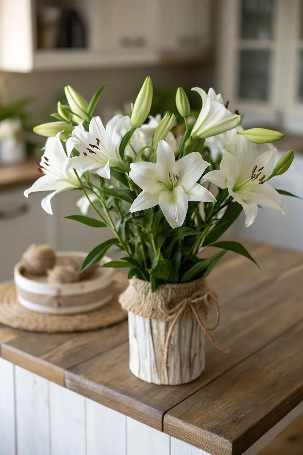 Pale lilies giving woodsy charm in the kitchen.