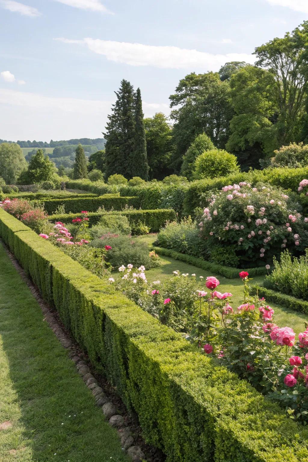 Natural hedges outlining peaceful garden zones.