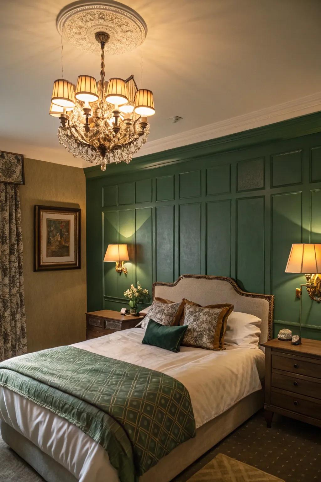 Ambient lighting complements forest green for an intimate feel.