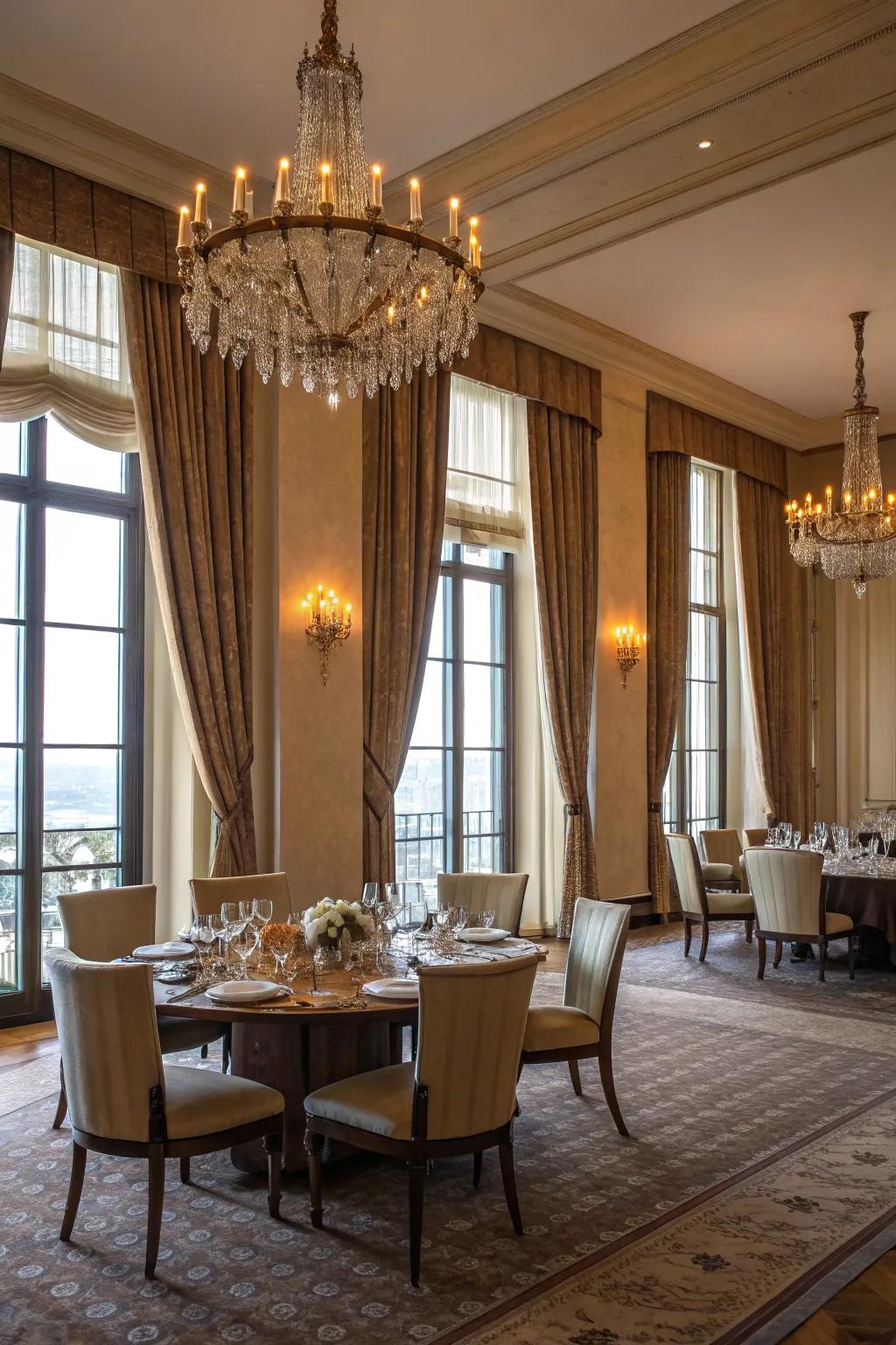 Ceiling-to-floor drapes include grandeur to this dining room.