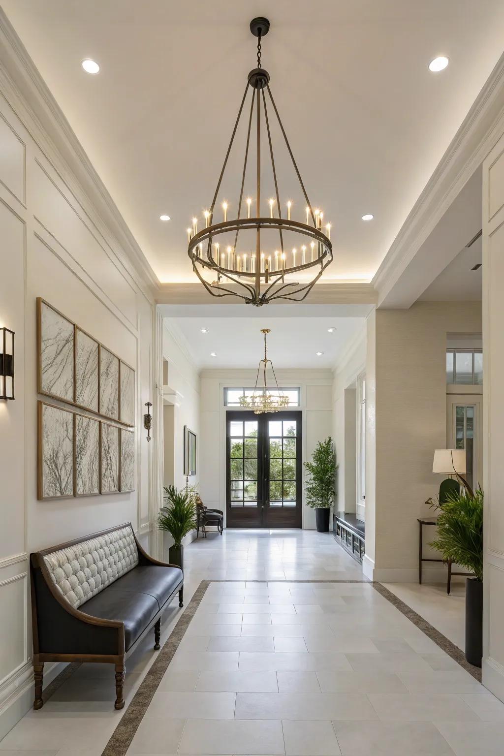 A straight-line pendant light accentuates the minimalist aesthetic of this foyer.