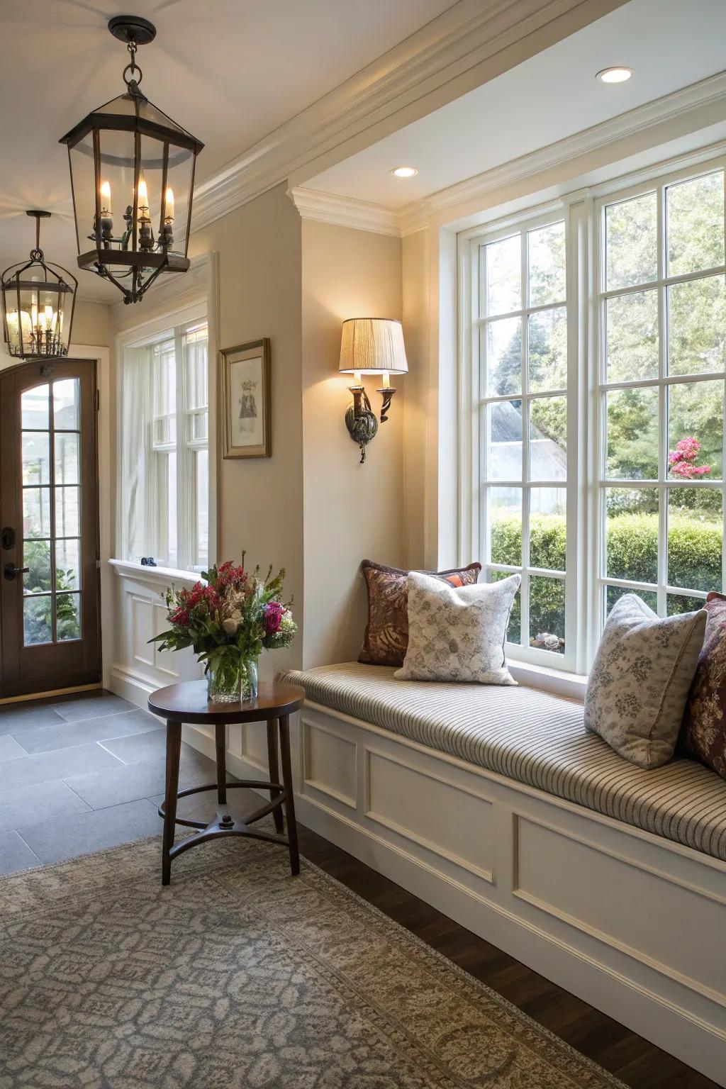 Seating in a foyer improves comfort and usefulness.