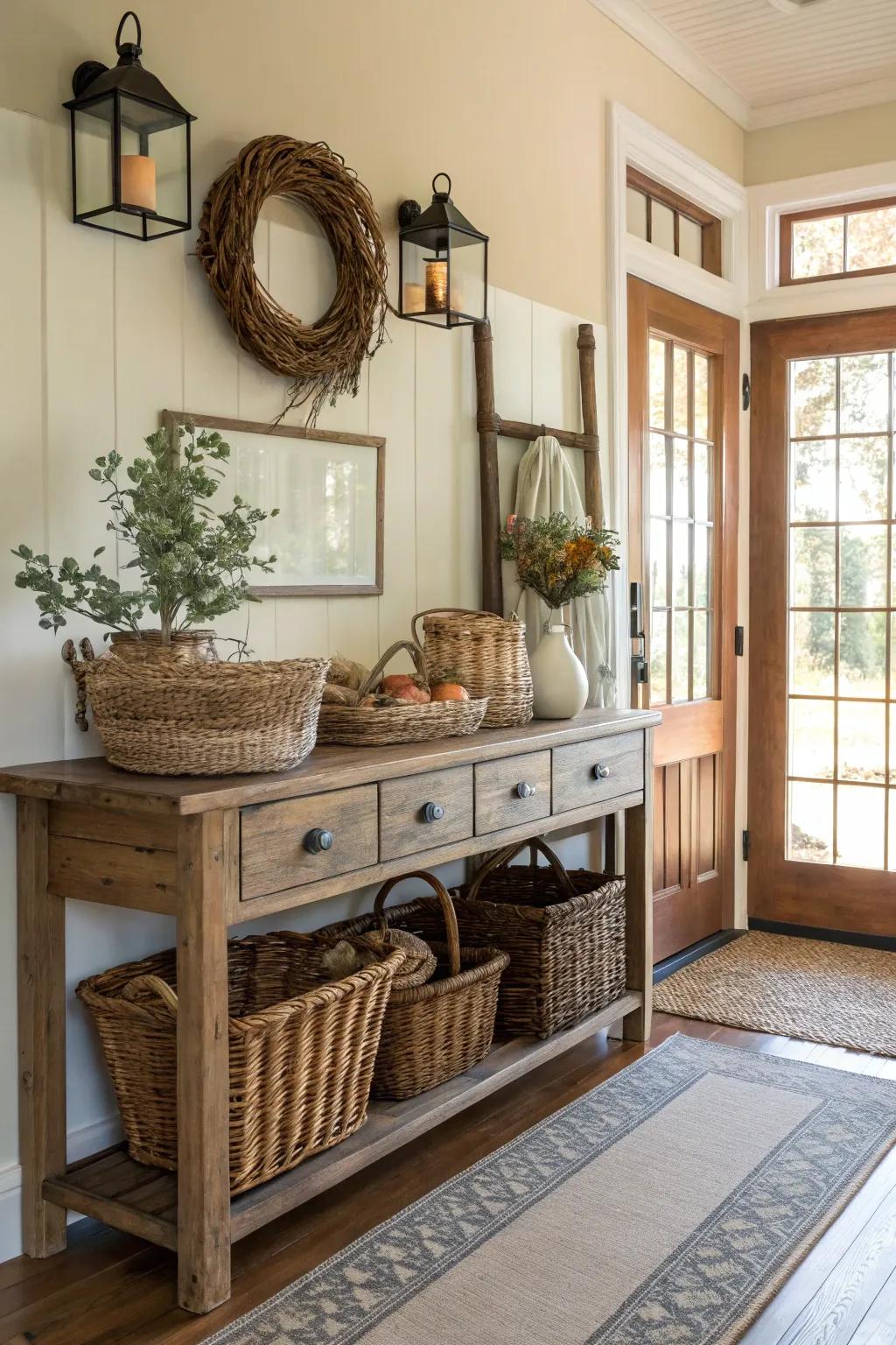 Wicker baskets blend aesthetic with utility.
