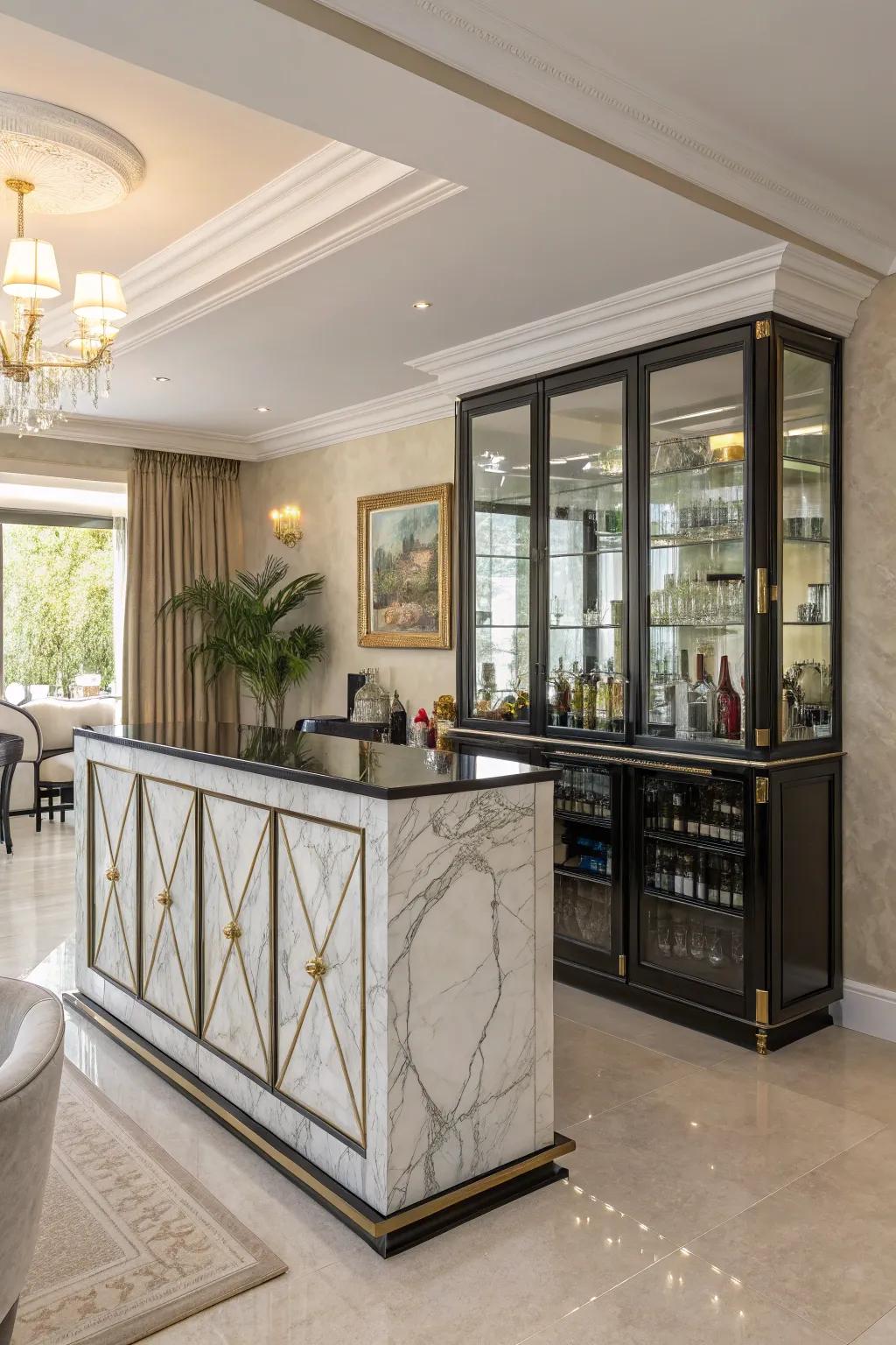 A deluxe bar with stone and glass accents showing elegance.