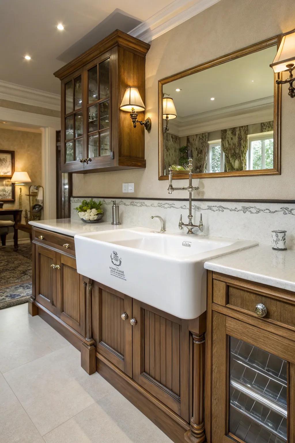 A classy and elegant kitchen featuring a ceramic stand-alone sink.