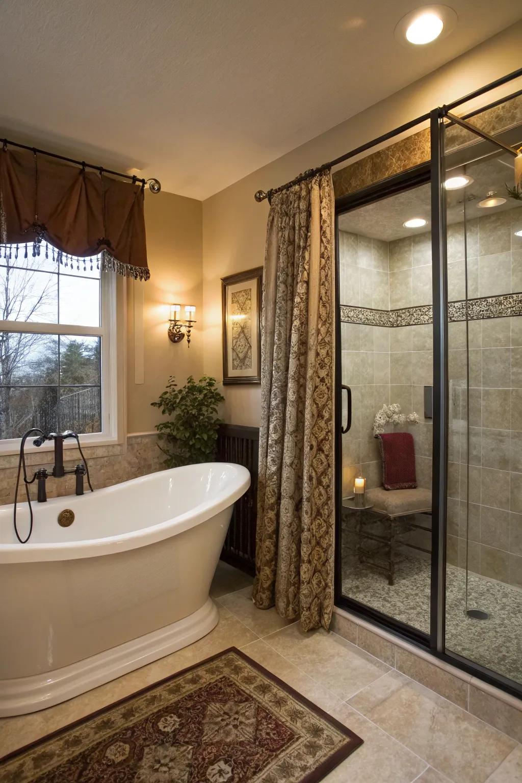 A cozy bathroom featuring privacy solutions like drapes and glass entrances.