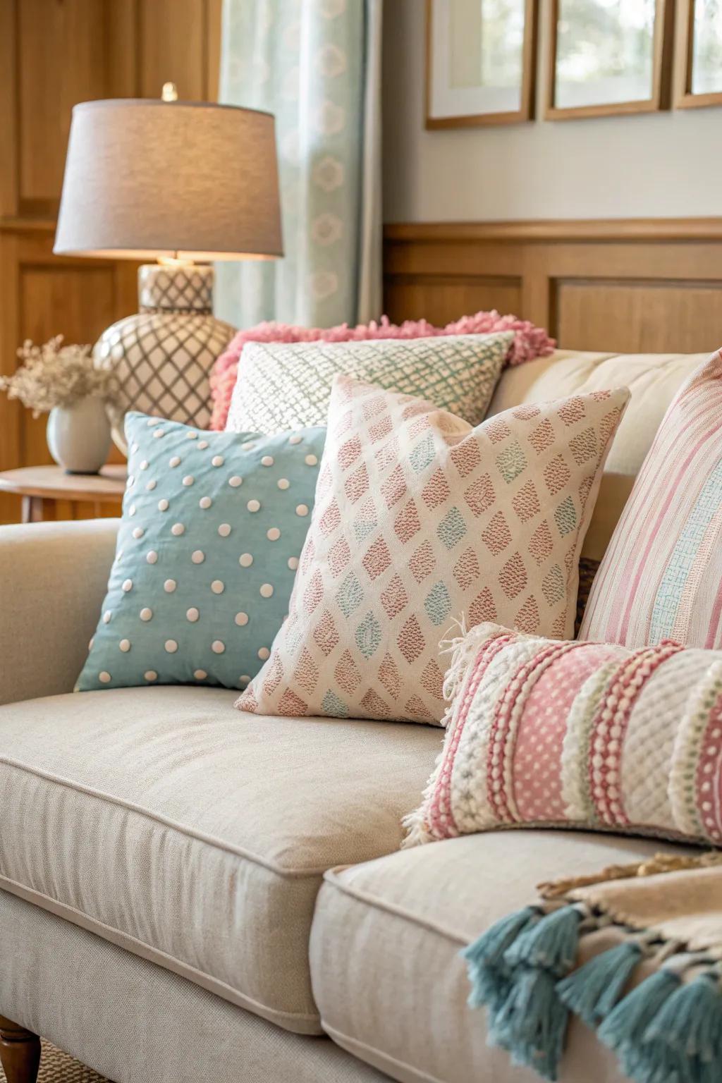 A sofa decorated with a variety of textured and designed cushions.