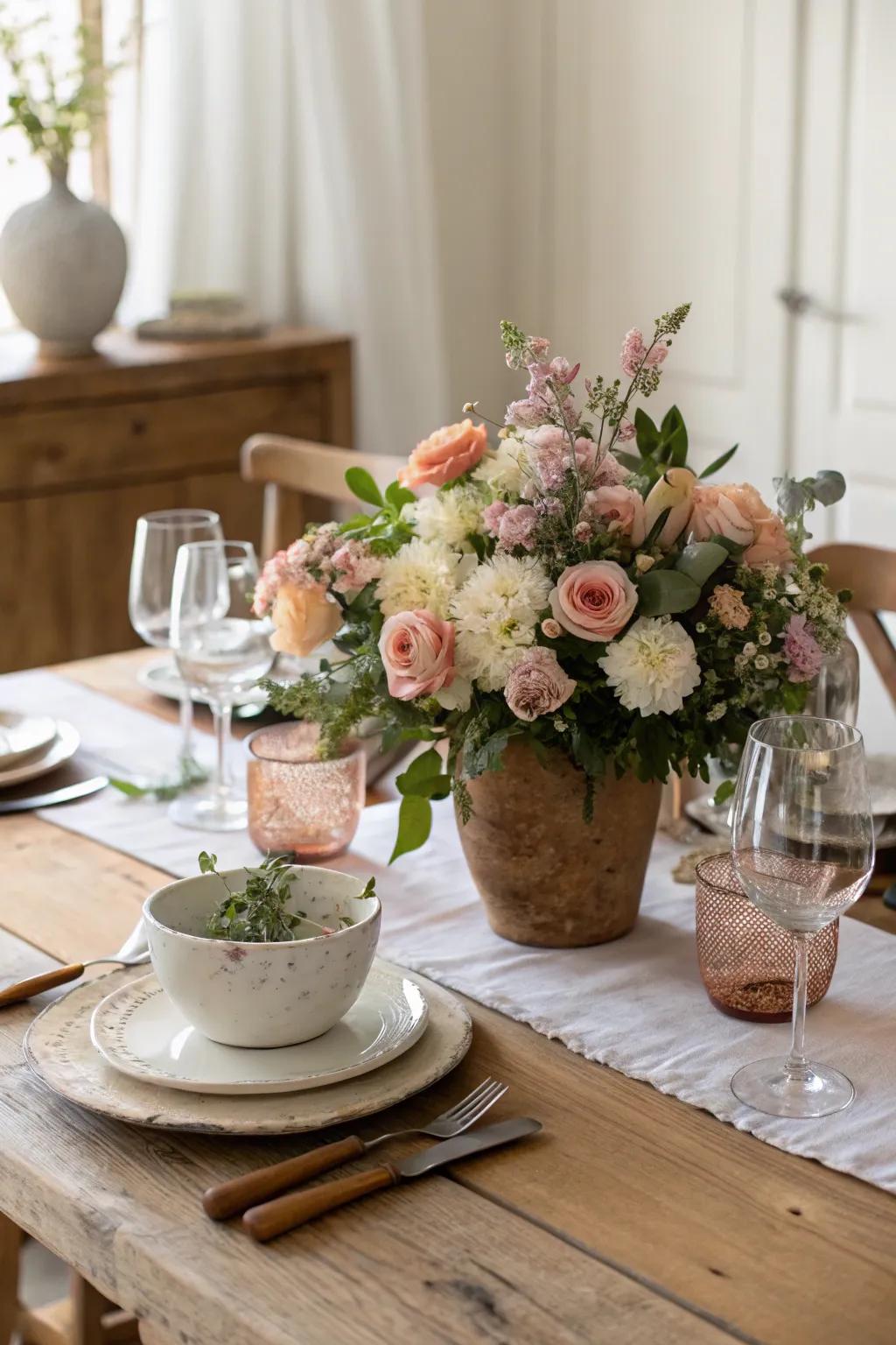 Flower placements bring nature and color into the dining space.