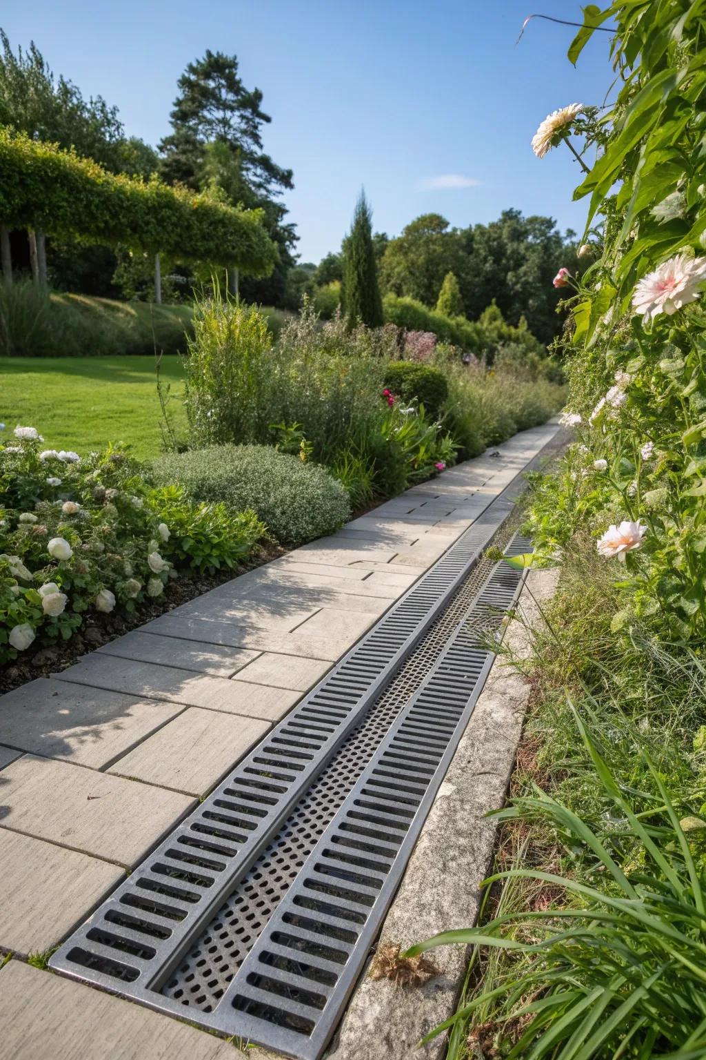 Modern grates adding a sleek look to a French drain along a garden path.