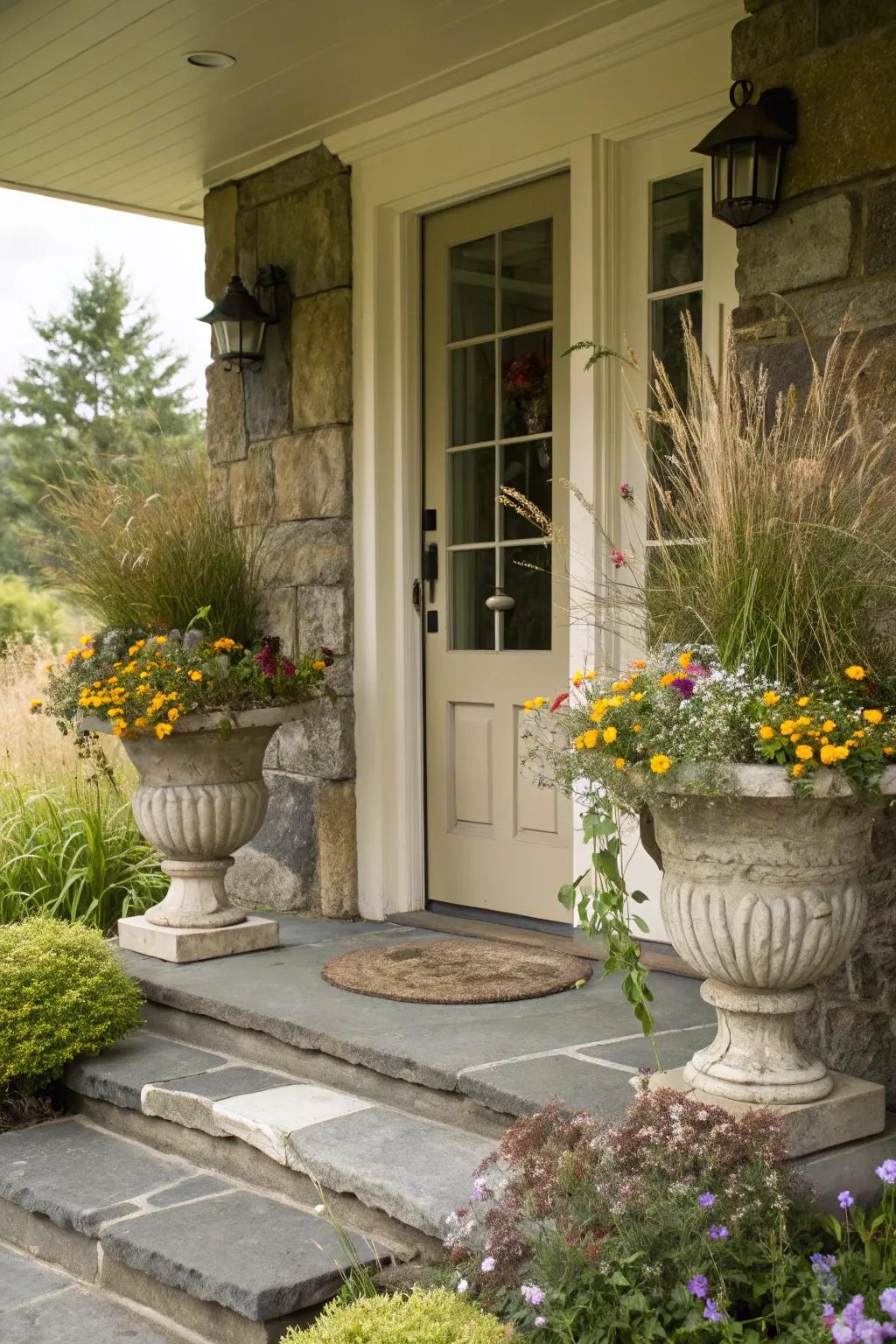 Showcase a natural, rustic charm with weathered stone and native plants.