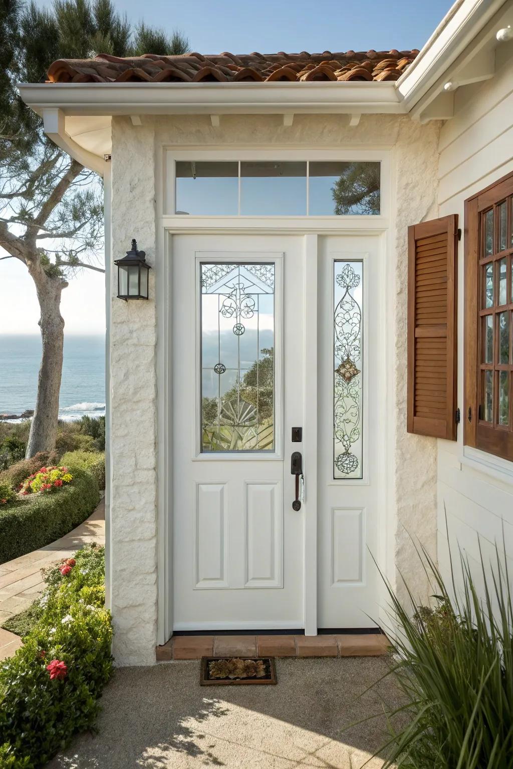 A bright white door with textured glass for a clean and inviting entry.