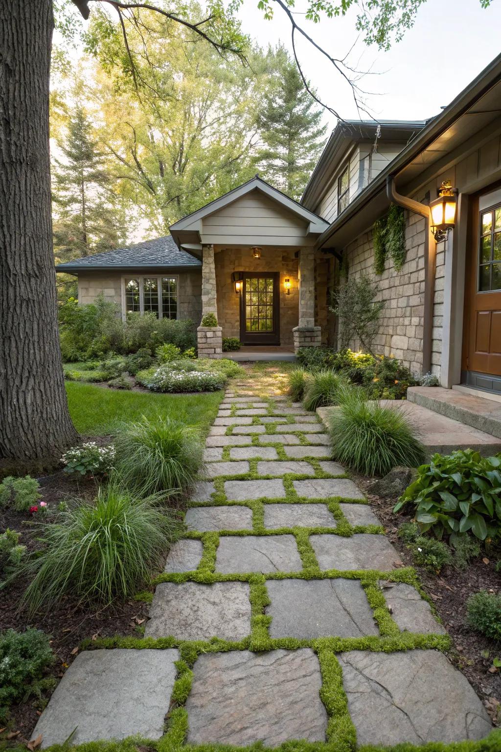 Flora beautifully combines with pavers for a lively entry.