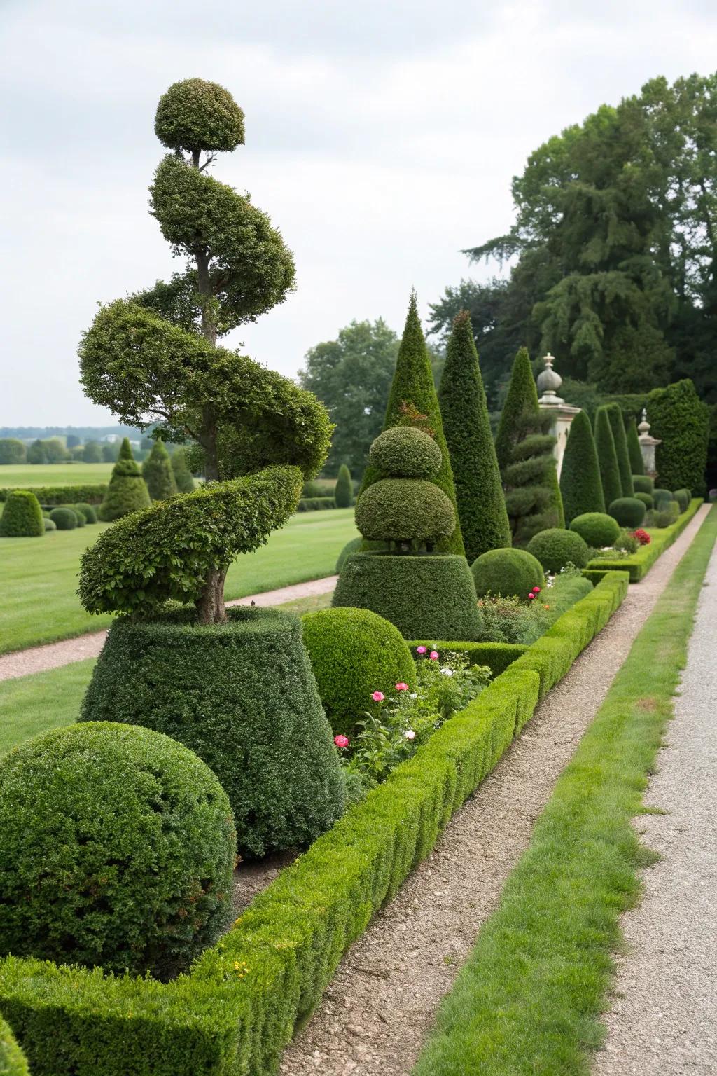 Elegant hedges and topiary adding structure.