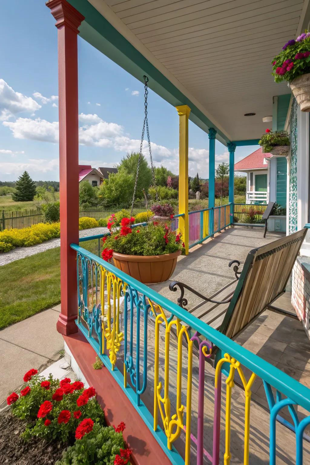Colorful metal railings that inject a vibrant touch to the porch.