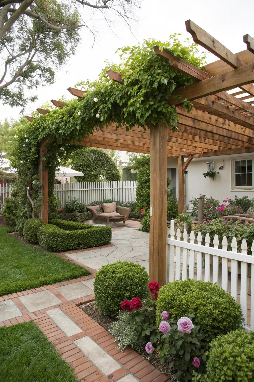 A pergola adds vertical interest and supports lush greenery.