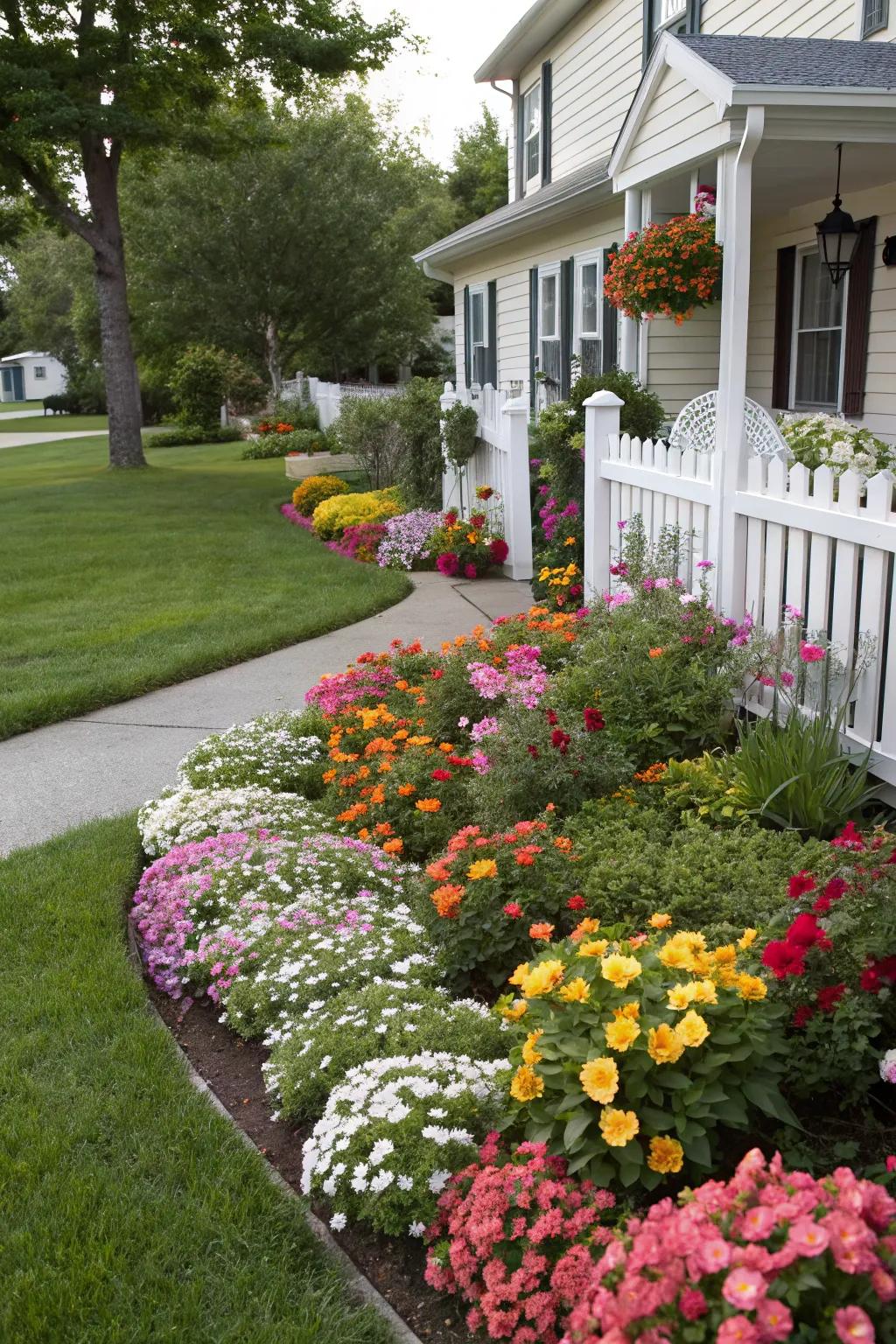 Careful seasonal selection ensures the flower beds remain appealing year-round.