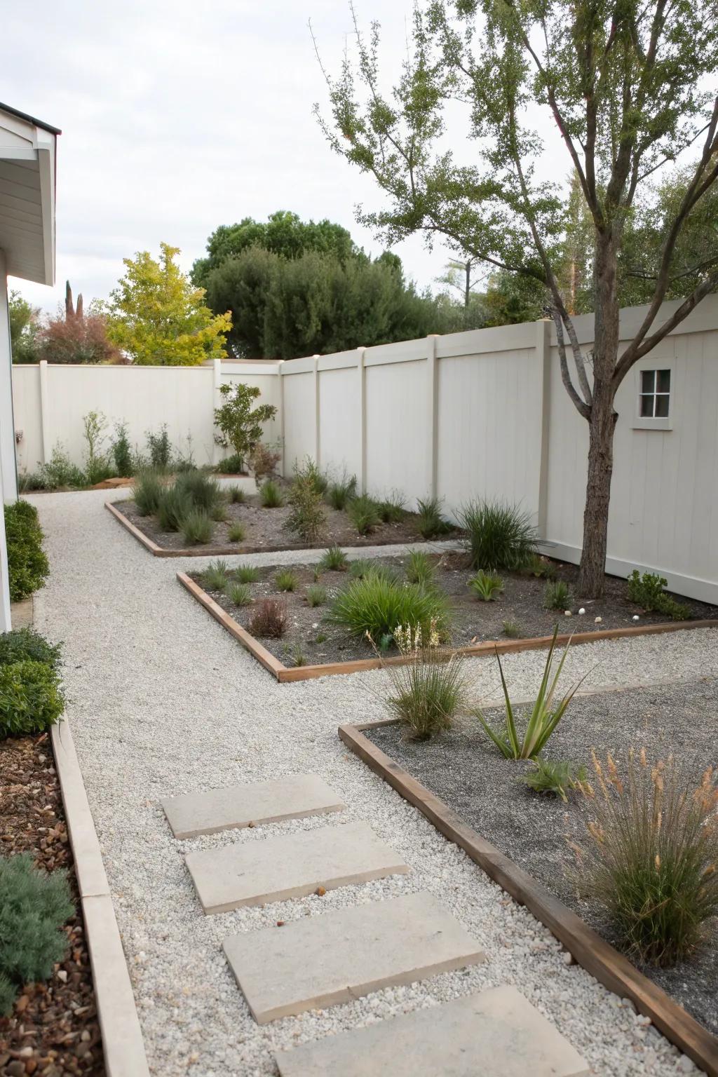 A minimalist front yard showcases streamlined gravel pathways and sparse plantings.