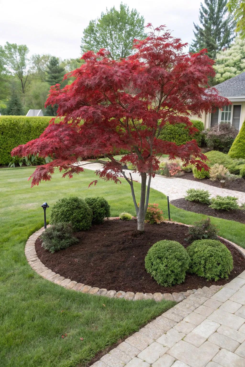 Around the Japanese maple tree, mulch adds texture and aids in moisture retention.