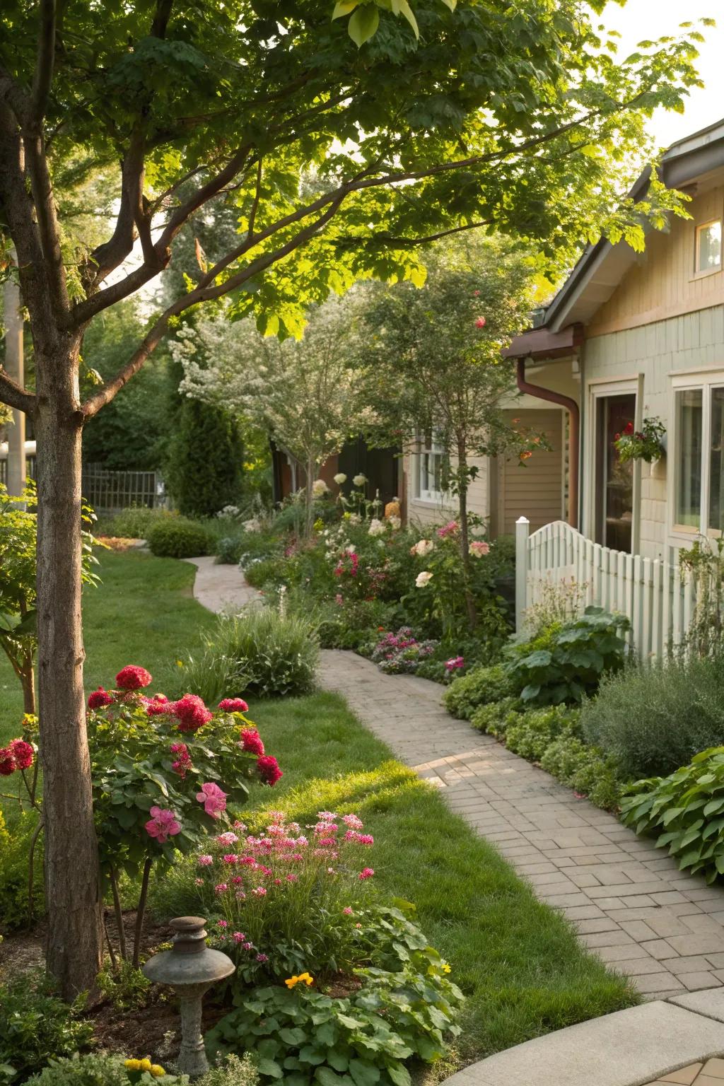Trees and small plants establish a layered and vibrant landscape.