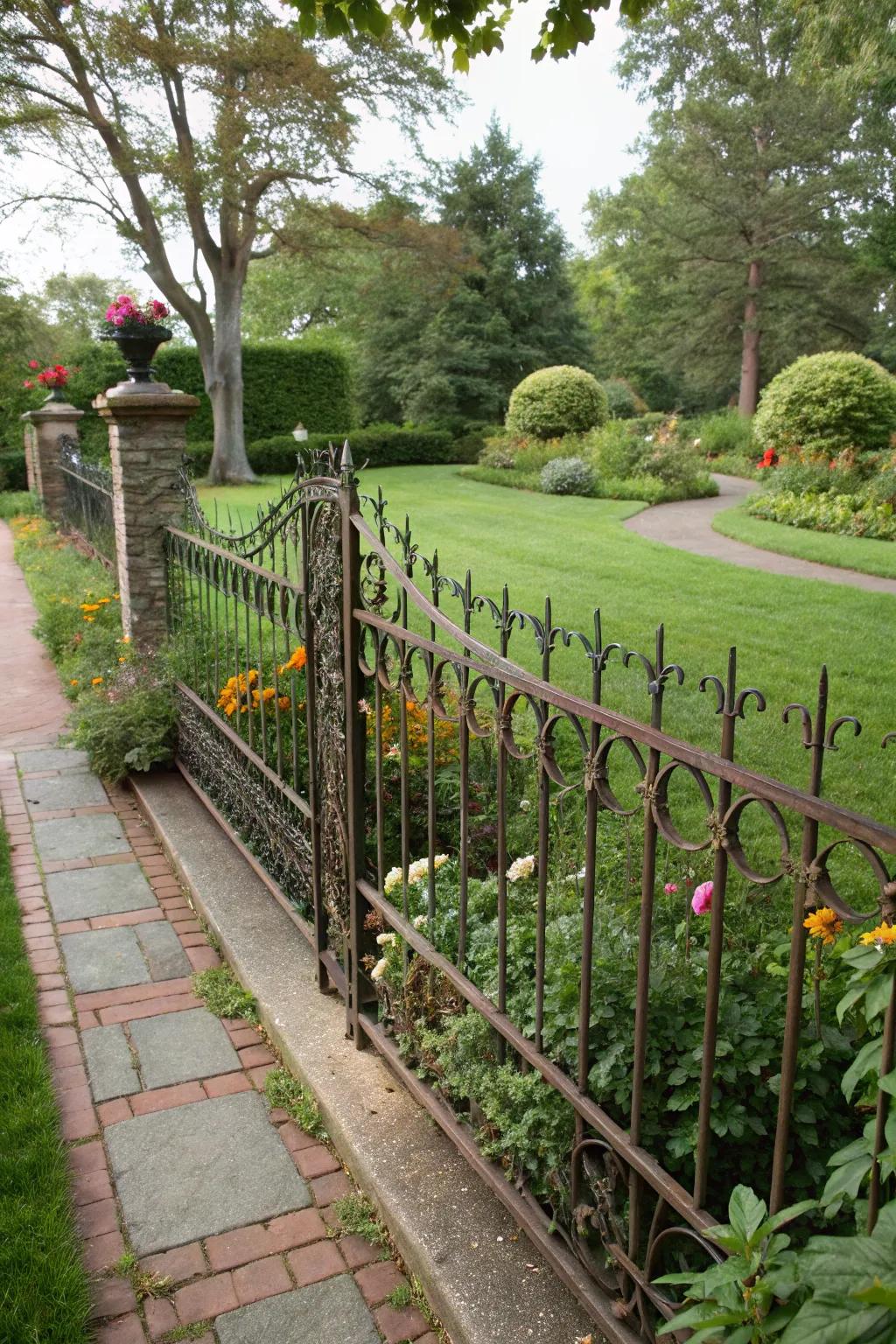 A low-profile metallic barrier subtly enhancing a front yard garden.