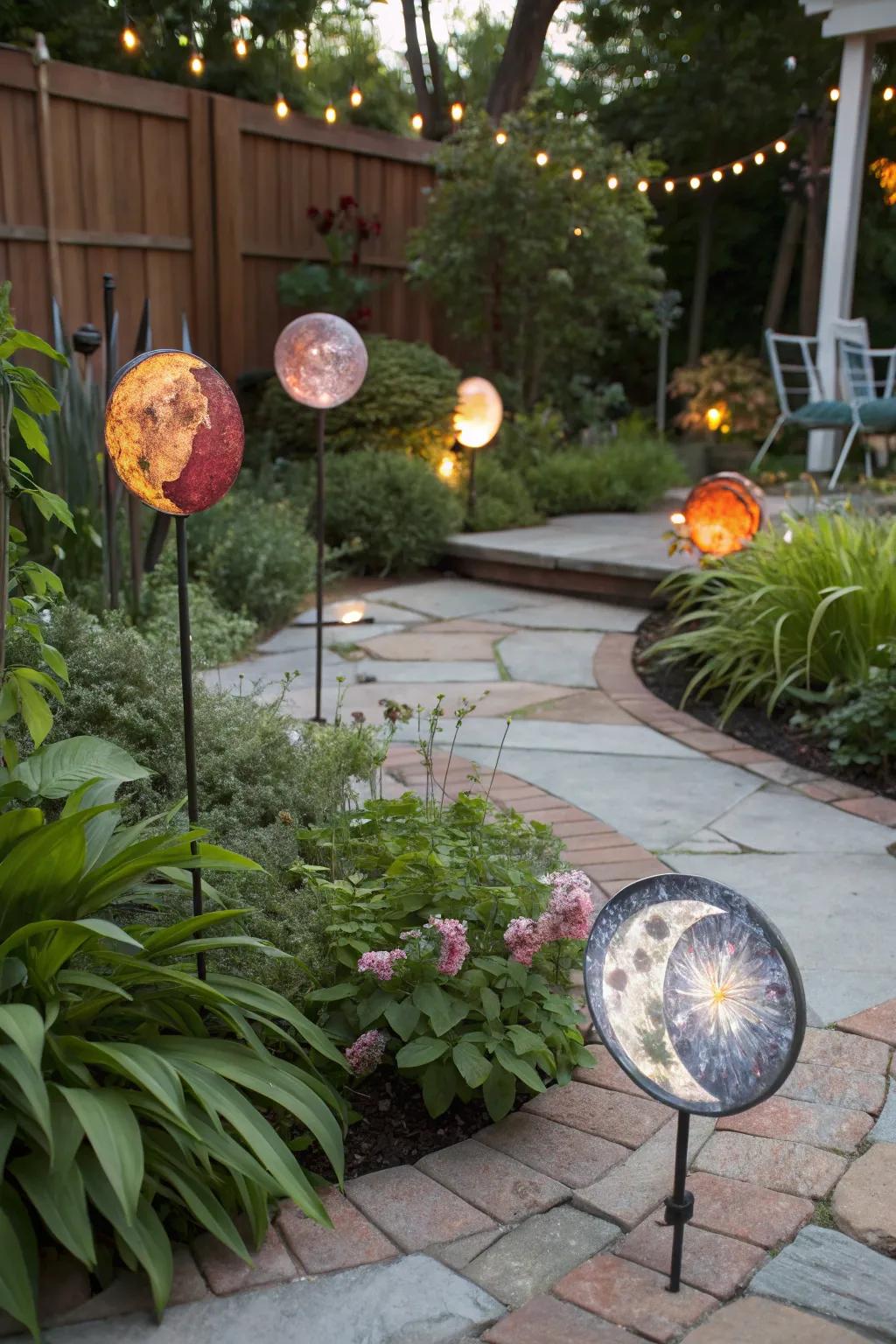 Moon phase glass accents adding a magical touch to the night garden.