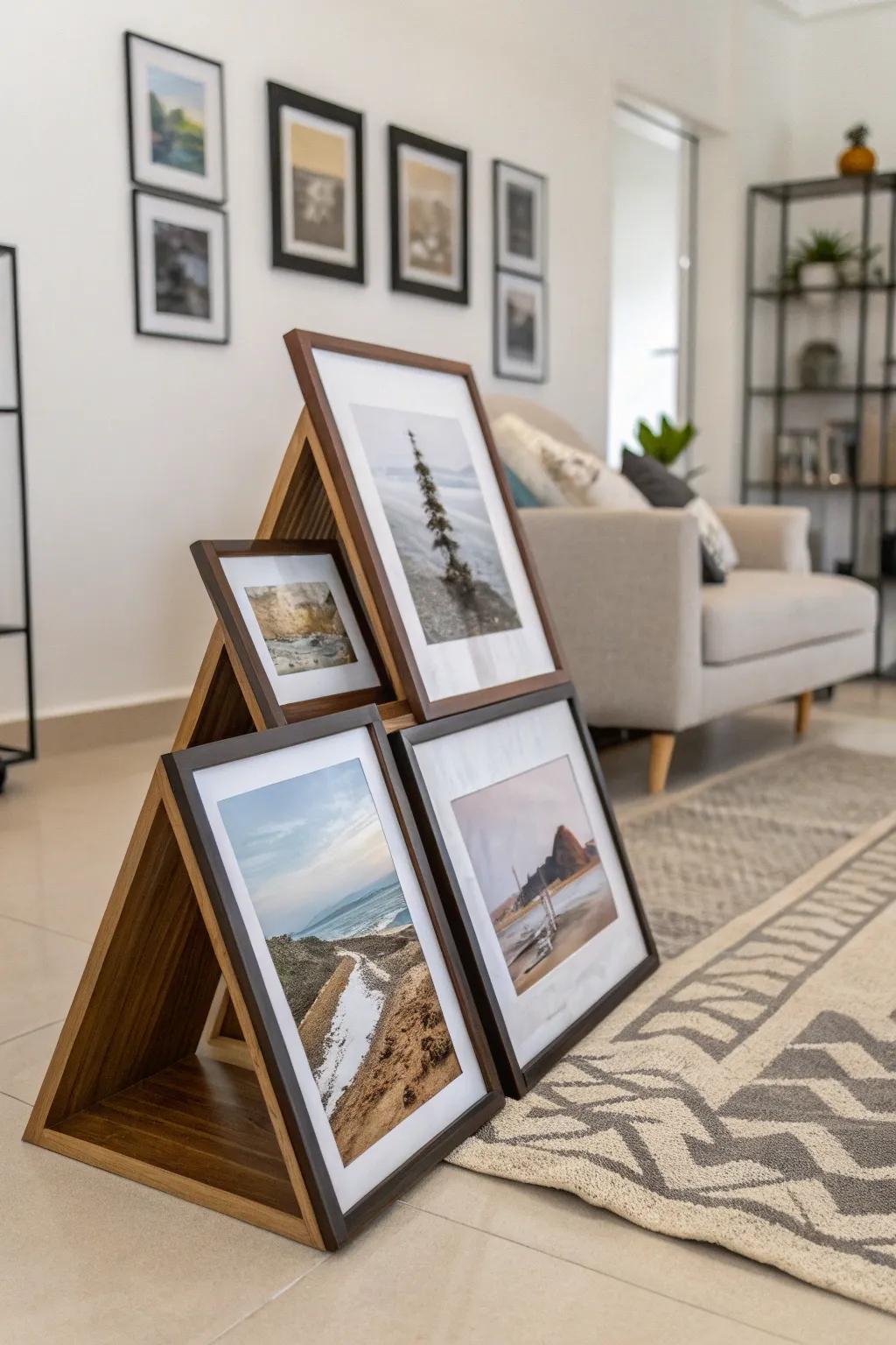 A sideways pyramid layout creates an intriguing optical illusion of depth.