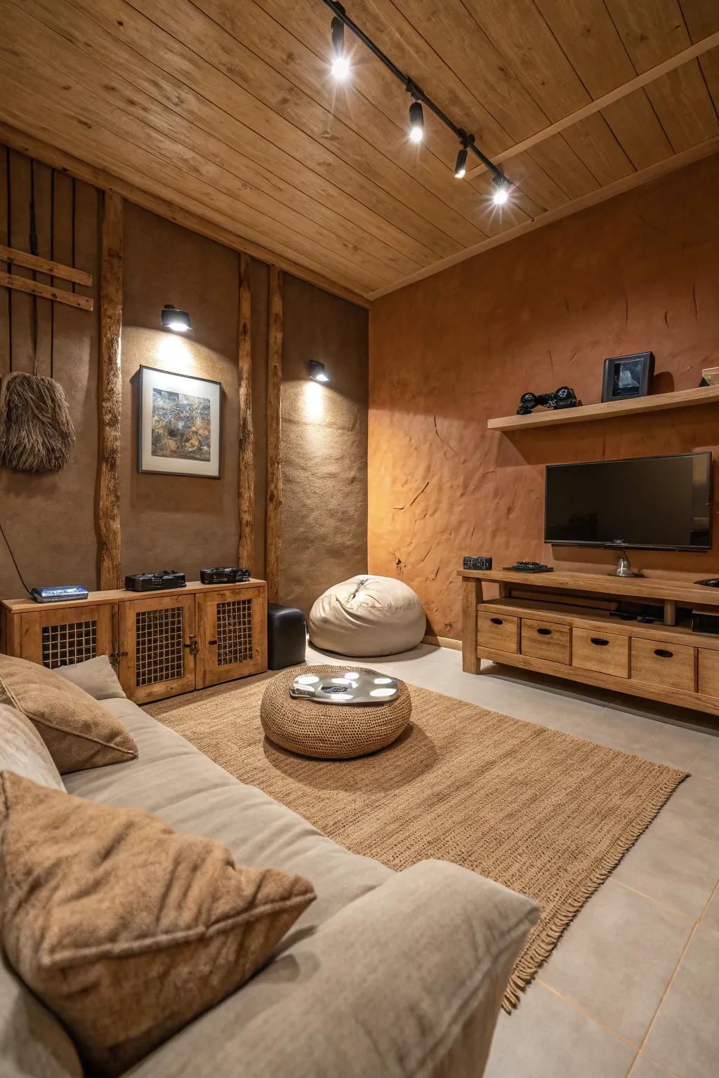 Natural palettes make your gaming room feel warm and inviting.