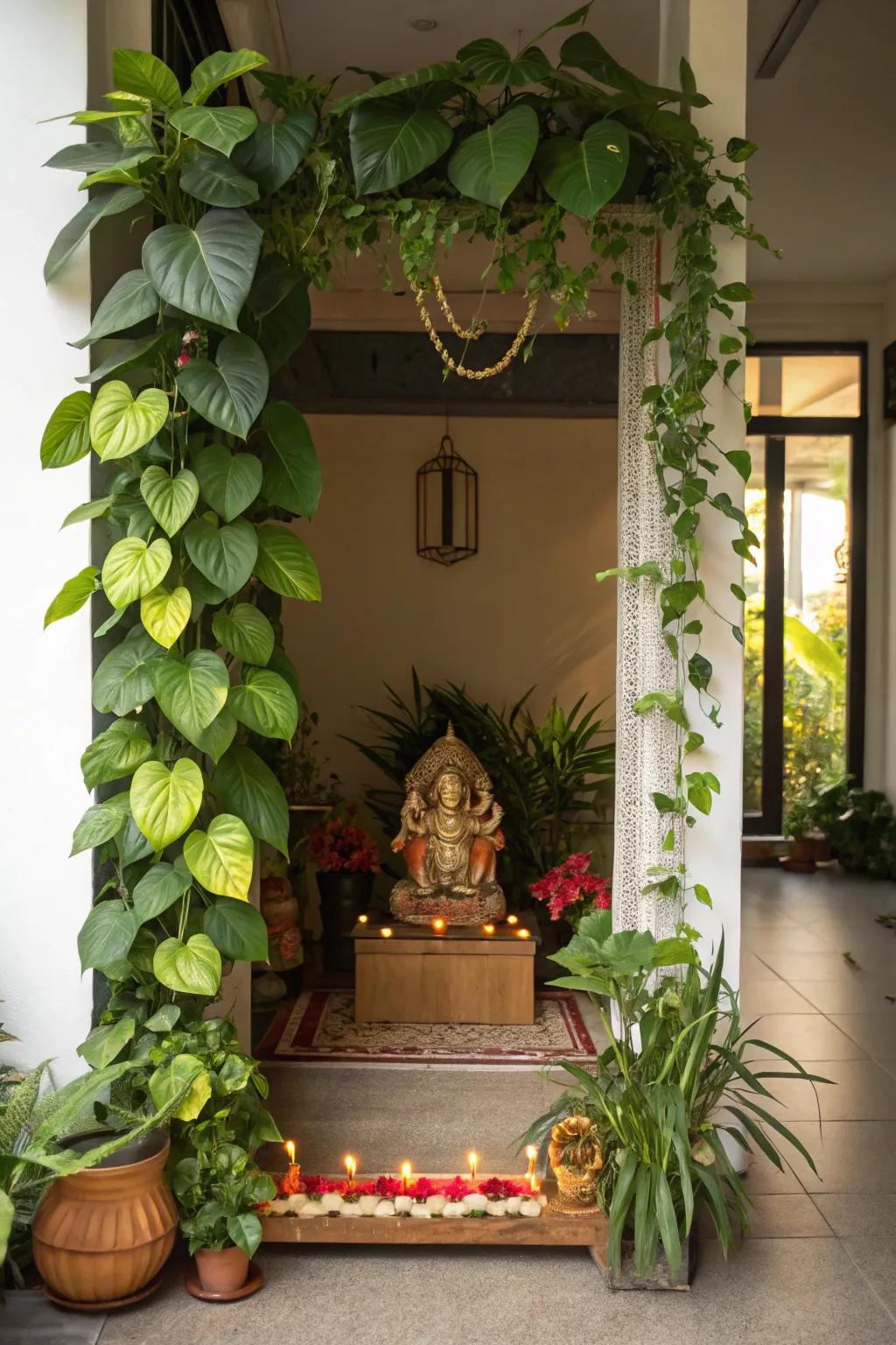 Vegetation adding a revitalizing touch to the Ganpati arrangement.