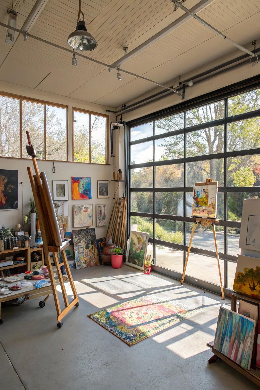 An art studio with lots of light inside a garage.