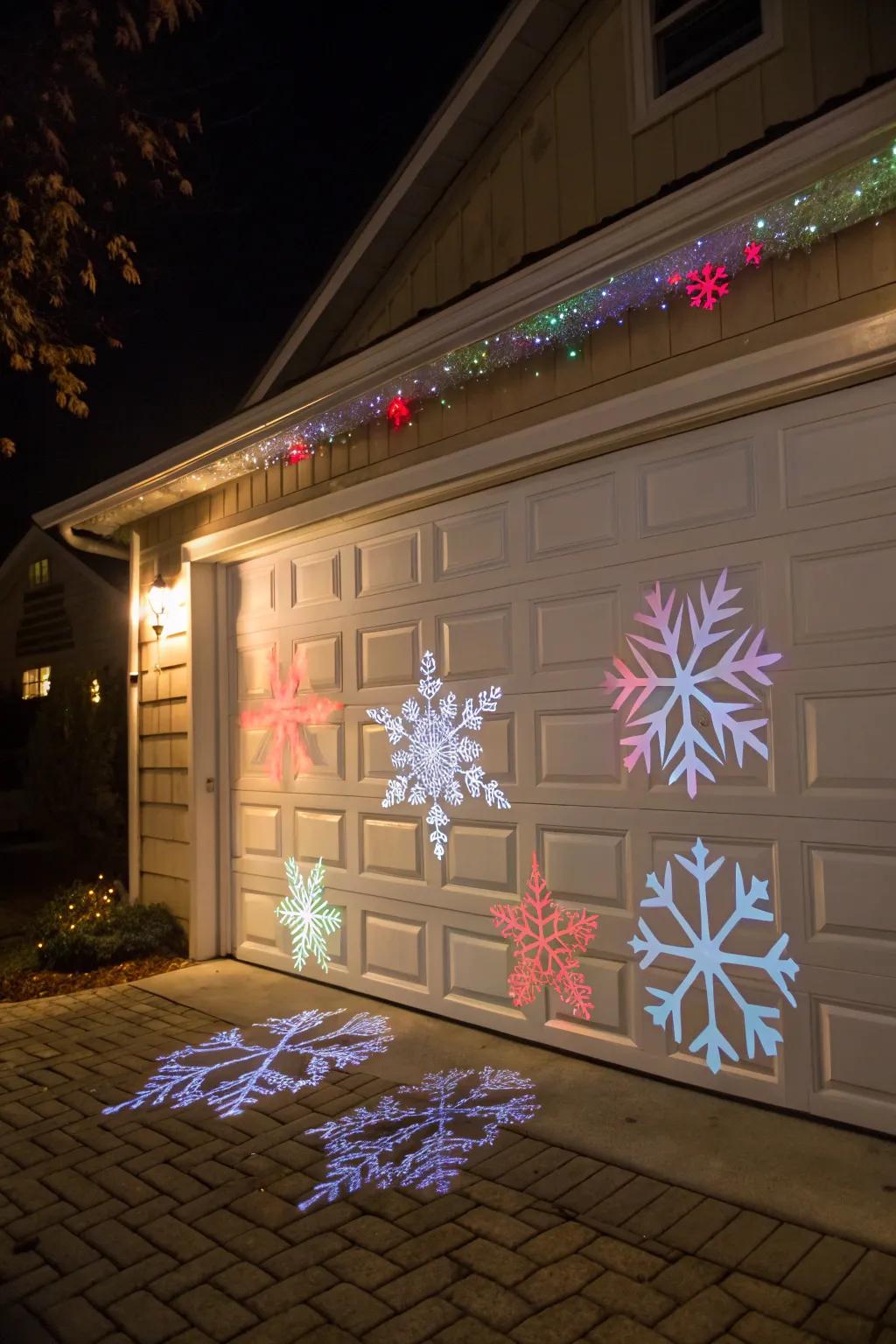 Garage door illuminated with festive projection scenes.