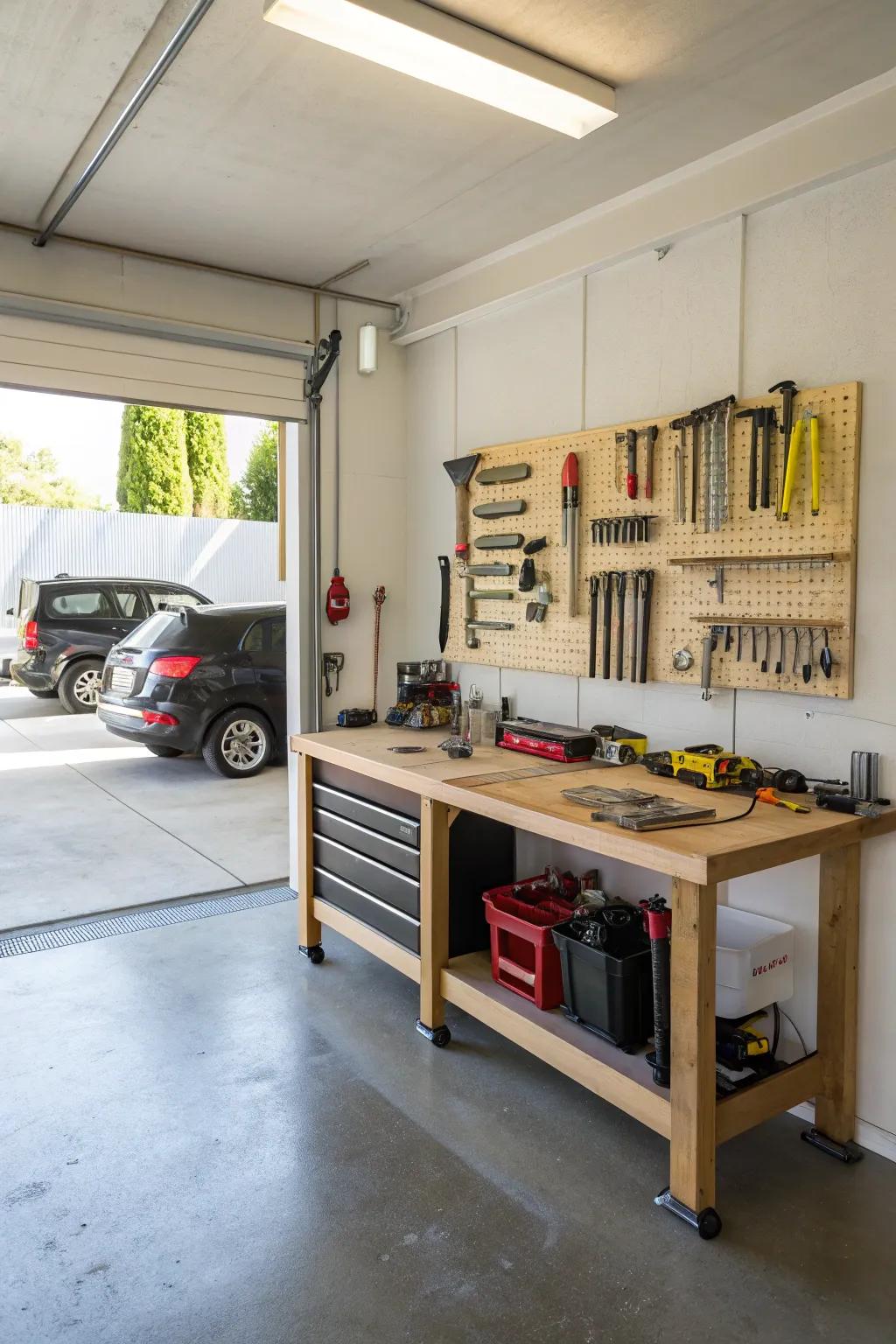 A foldable workbench provides flexibility for both working and storing items.