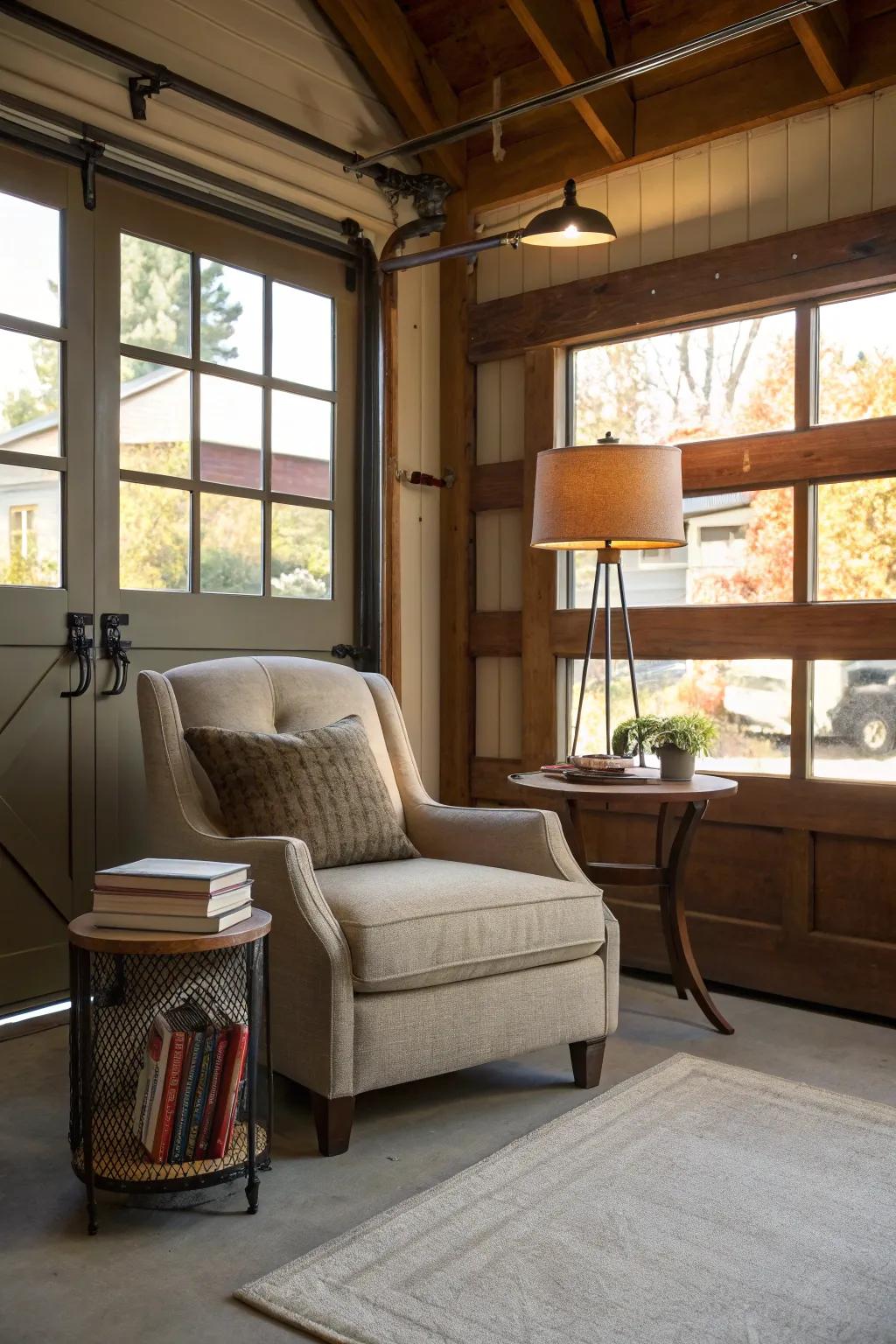 A cozy seating area adds comfort and balance to your garage office.