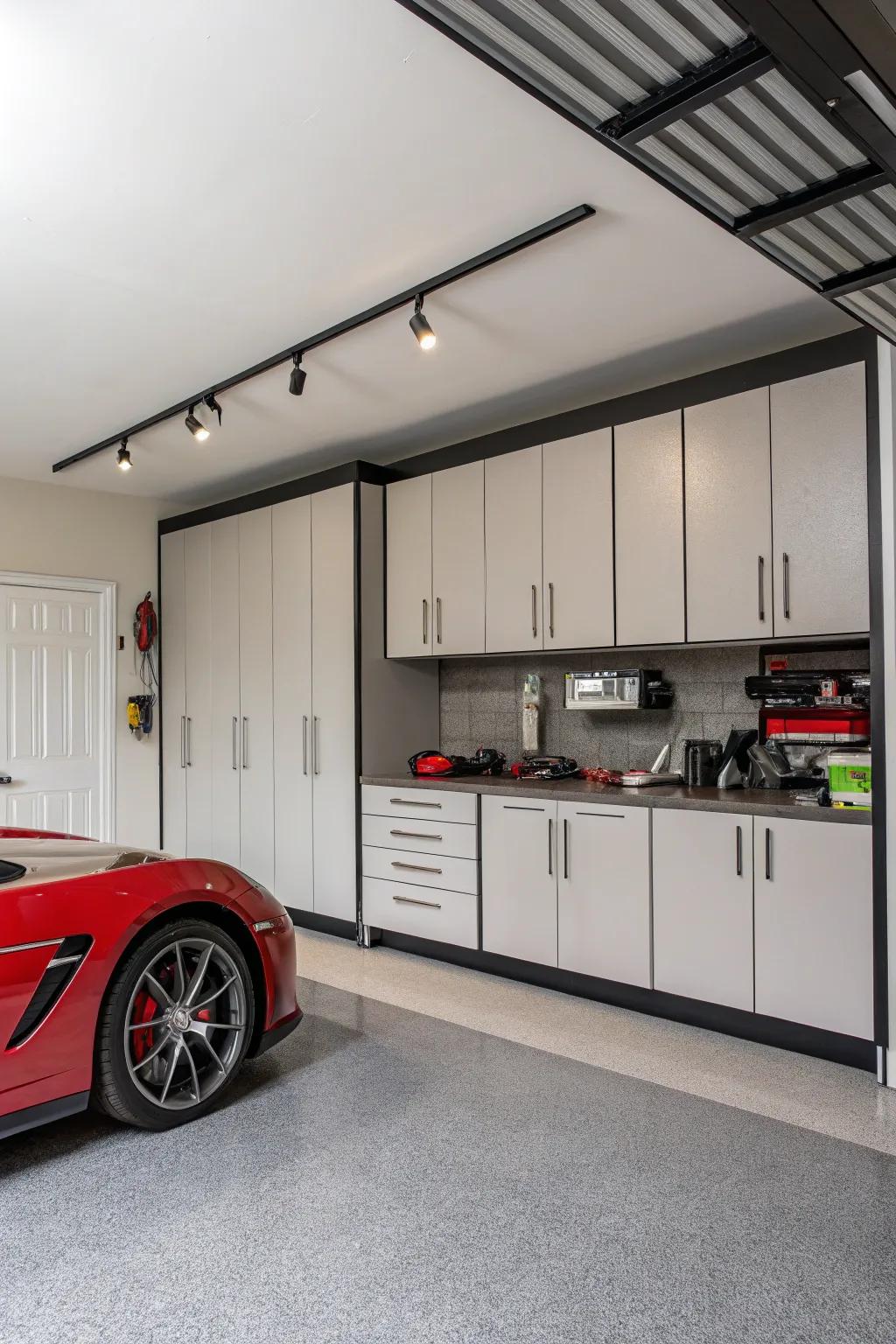 Custom cabinetry creates a polished and organized garage look.