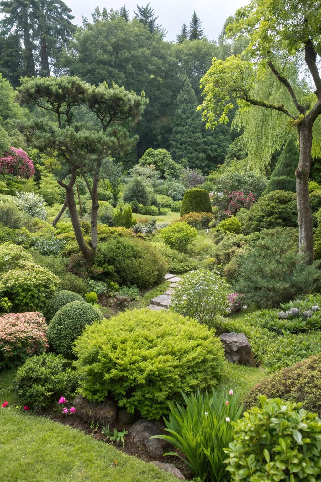 An inviting garden packed with abundant greenery and many different plant and shrub types.