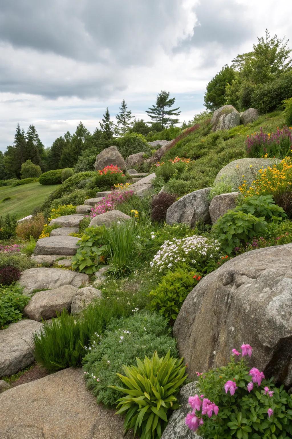 Natural rock features add stability and rustic charm to a sloped garden.
