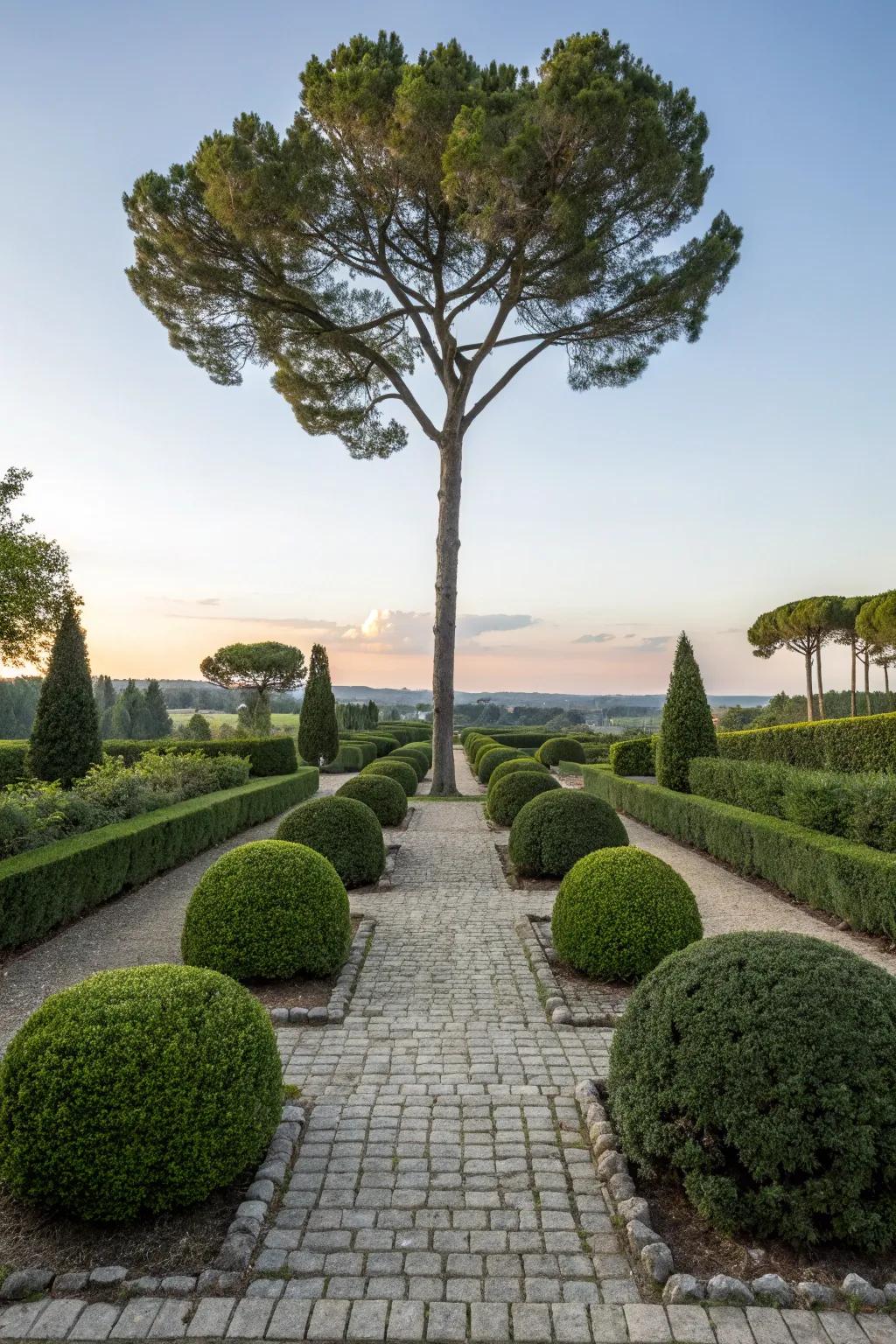 Trees encircled by symmetrical plantings, lending a tidy aesthetic.