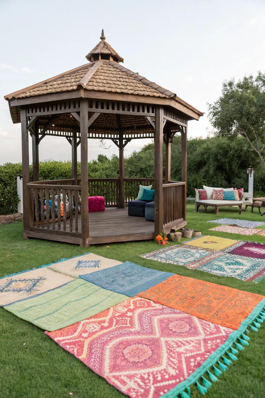 Outdoor rugs introduce color and comfort without permanent changes.