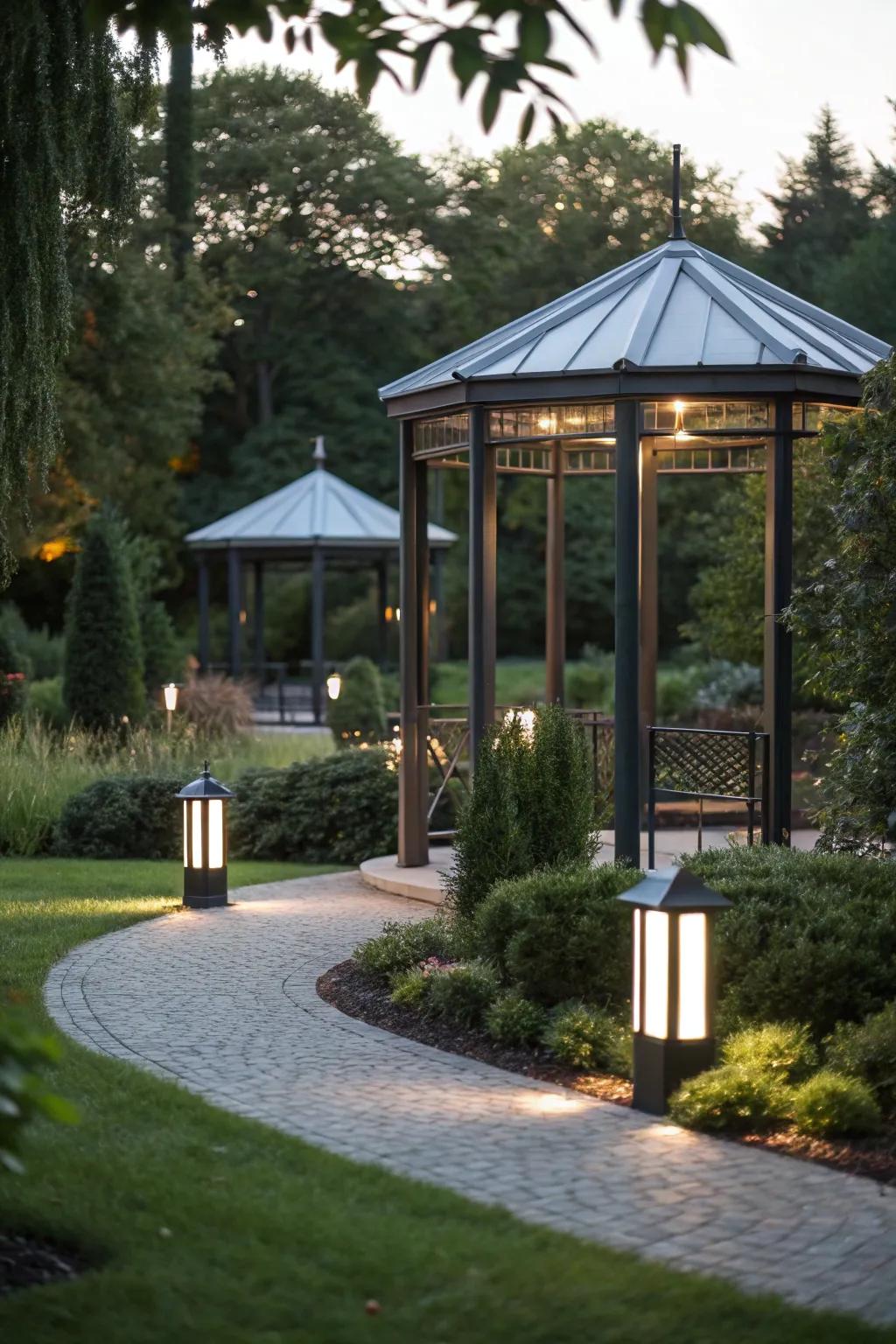 Modern minimalist lighting provides the gazebo with a sleek appearance.