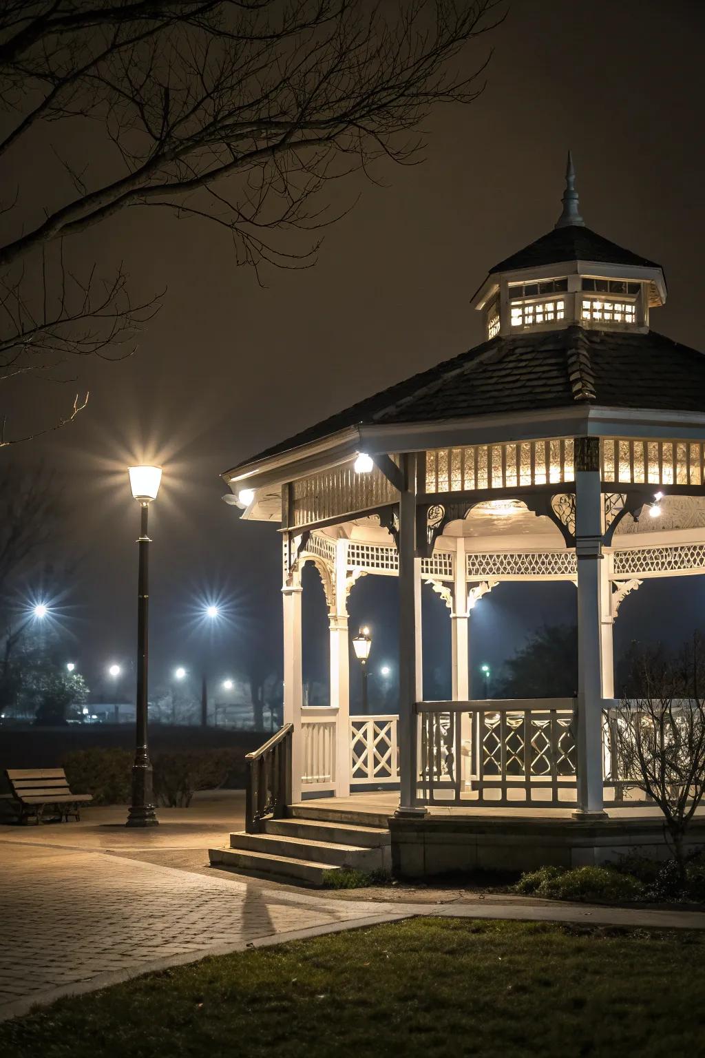 Spotlights include drama by highlighting the architectural appeal of your gazebo.