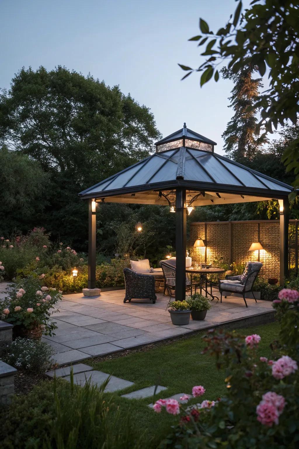 A gazebo with a solar roof, glowing softly under the evening sky.