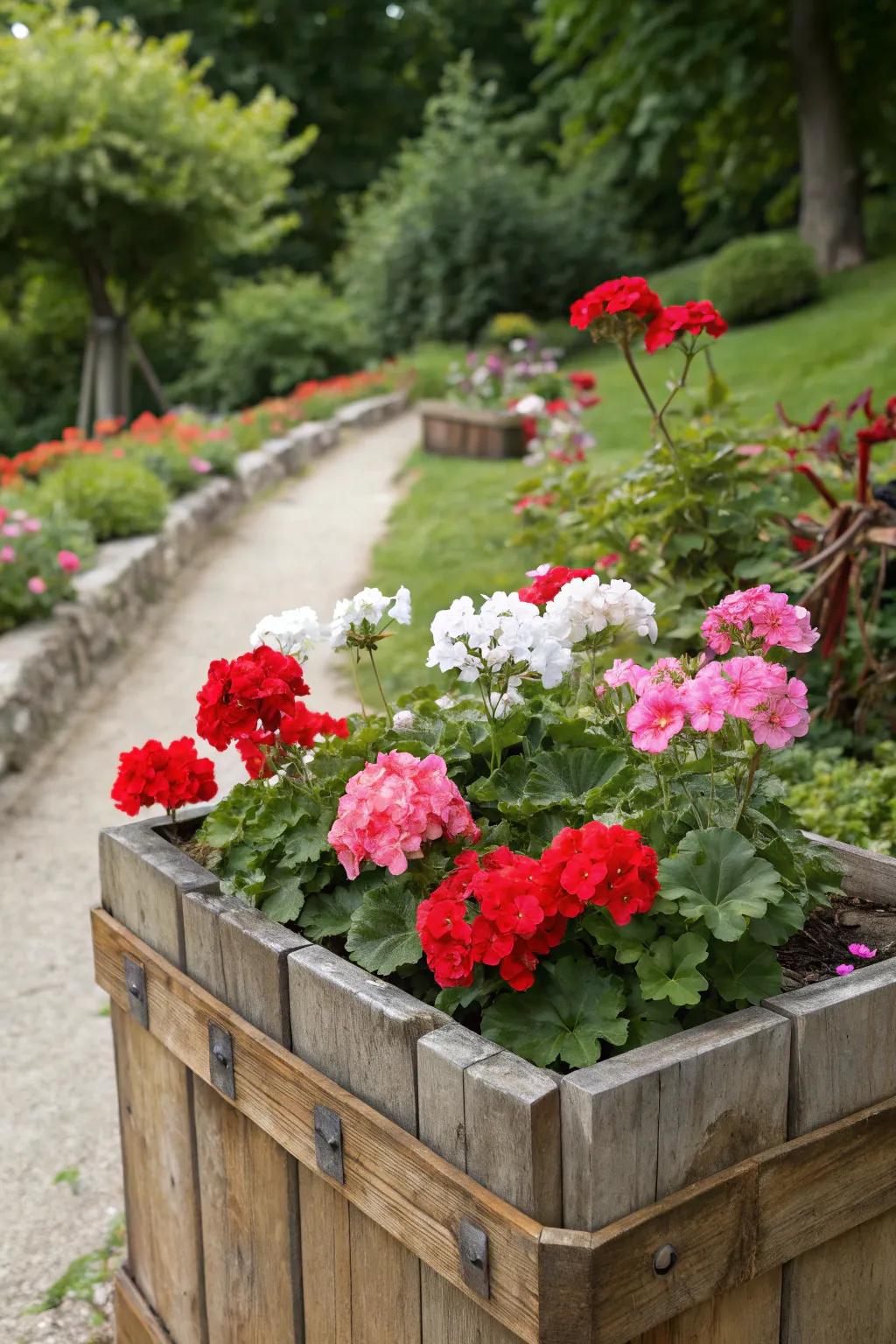 A natural timber container filled with vibrant sunbeam blooms nestled within a garden environment.