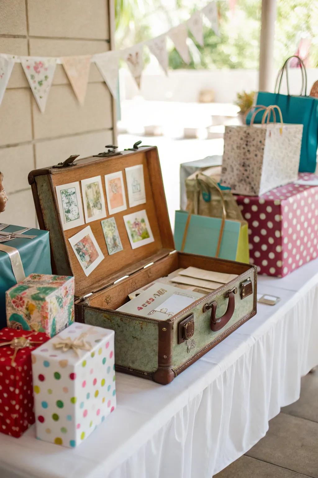 Infuse a sense of nostalgia into your gift table using a vintage carry-on.
